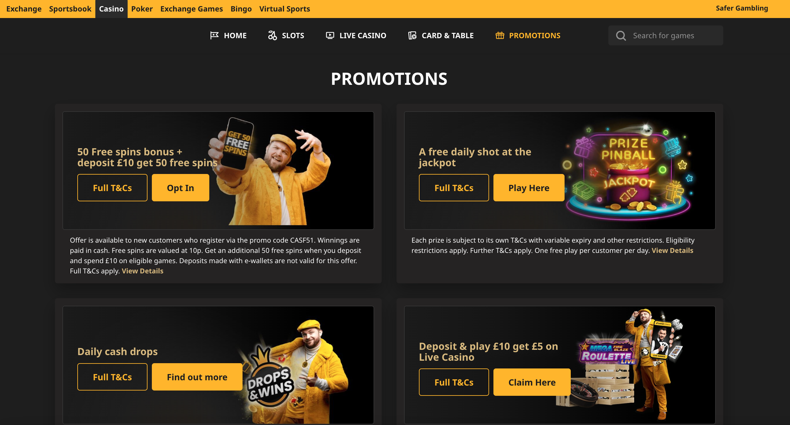 Betfair's casino promotions section, including the welcome offer for 50 free spins, and a further 50 free spins if you deposit £10